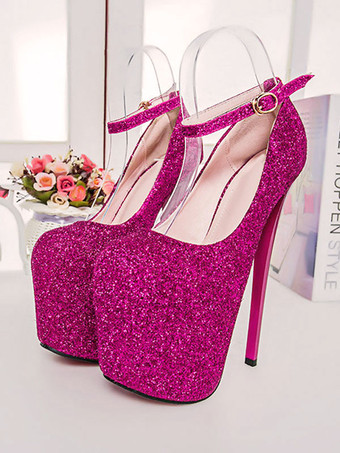 女性のセクシーなハイヒールピンクの正方形のつま先スパンコールアンクルストラップスティレットヒールのセクシーな靴