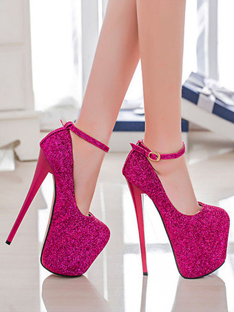 女性のセクシーなハイヒールピンクの正方形のつま先スパンコールアンクルストラップスティレットヒールのセクシーな靴