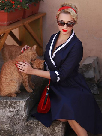 ヴィンテージグラマードレス 1950年代 オードリー・ヘプバーン風 ダークネイビー ツートン ベルト付き Vネック ミディドレス 2026