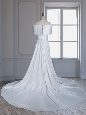 ホワイト ヴィンテージ マーメイド ウェディングドレス トレーン付き サテン オフショルダー プリーツ ブライダル ガウン 無料カスタマイズ