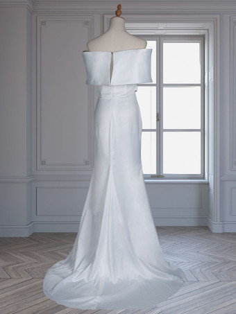 ホワイト ヴィンテージ マーメイド ウェディングドレス トレーン付き サテン オフショルダー プリーツ ブライダル ガウン 無料カスタマイズ