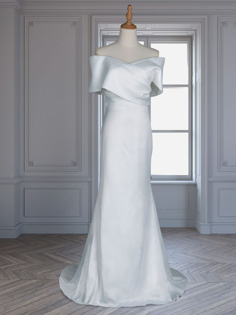 ホワイト ヴィンテージ マーメイド ウェディングドレス トレーン付き サテン オフショルダー プリーツ ブライダル ガウン 無料カスタマイズ