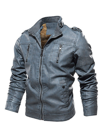 Leather Jacket for Men Zipper Windbreaker Long Sleeve Moto Jacket