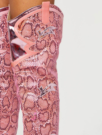 オーバー ザ ニー ブーツ ウエスタン ブーツ ポインテッドトゥ チャンキー ヒール サイハイ ブーツ スネーク パターン レザー 女性