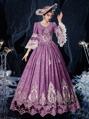 ロココビクトリア朝のレトロなコスチュームドレスブルゴーニュレースコットンコスプレコスチュームカーニバル