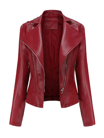 レッド 女性のモト ジャケット PU レザー スプリング ショート アウターウェア ワインレッド