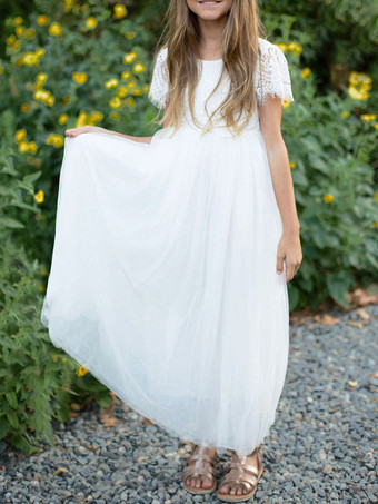 ホワイトフラワーガールドレスジュエルネックレース半袖Aラインレース足首丈キッズパーティードレス