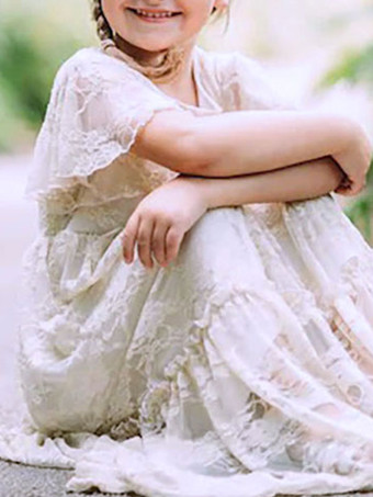 Robe de fille de fleur ivoire en dentelle col rond manche courte longueur au sol robe cortège enfant robe cérémonie fille