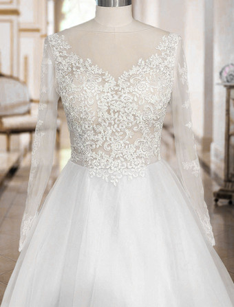 ウェディングドレス　2025　Aライン　vネック　長袖　レースアップリケ　チュール　ブライダルガウンチャペルトレーン付き