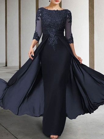 ダークネイビーマザードレスバトーネイビーネック3/4レングススリーブシースビーズフロアレングスゲストドレスウェディング用