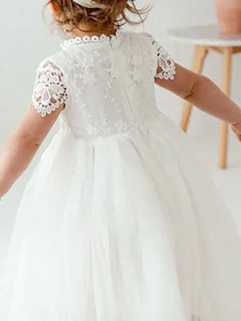ホワイトフラワーガールドレスジュエルネック半袖足首丈Aラインレースキッズパーティードレス