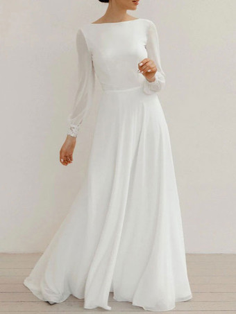 Vestido de Noiva Branco Simples Uma Linha Joia Gola Mangas Compridas Renda Vestidos de Noiva Longos