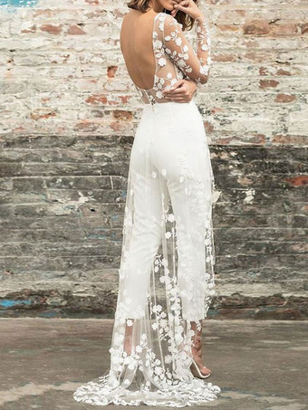 ホワイトのシンプルなウェディングジャンプスーツ ジュエルネック 長袖 レース Aライン ブライダルジャンプスーツ 無料カスタマイズ