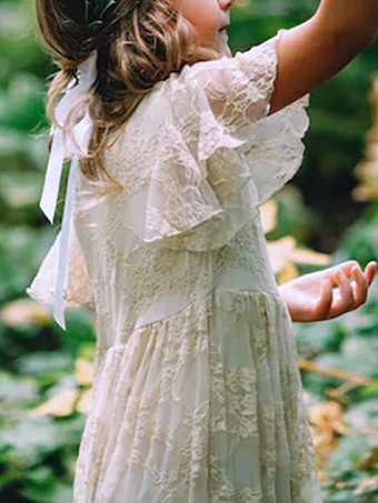 Robe de fille de fleur ivoire en dentelle col rond manche courte longueur au sol robe cortège enfant robe cérémonie fille