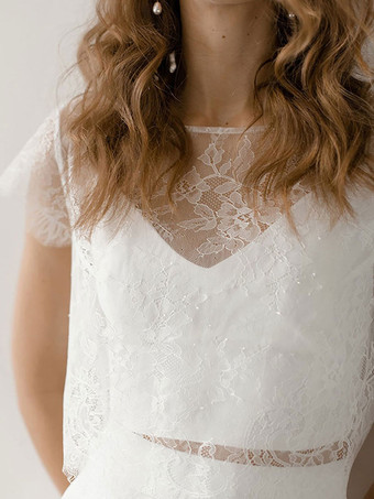 ホワイトシンプルなウェディングドレスAラインジュエルネック半袖レースロングブライダルドレス