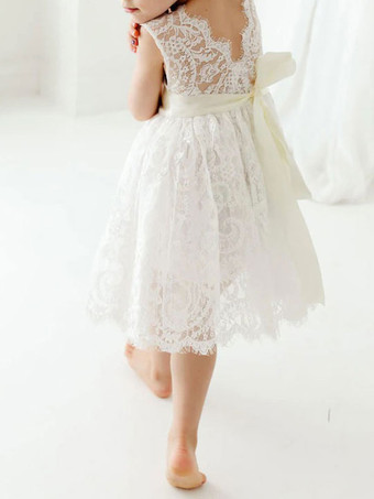 白いフラワーガールのドレスジュエルネックレースノースリーブティーの長さAラインレースキッズソーシャルパーティードレス