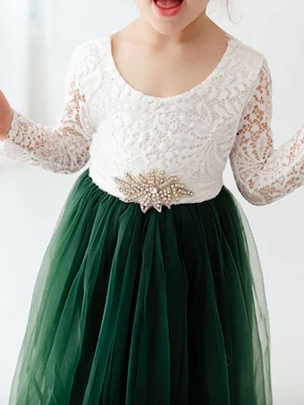 白いフラワーガールのドレスジュエルネック長袖床の長さラインレースキッズパーティードレス