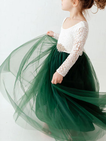 白いフラワーガールのドレスジュエルネック長袖床の長さラインレースキッズパーティードレス