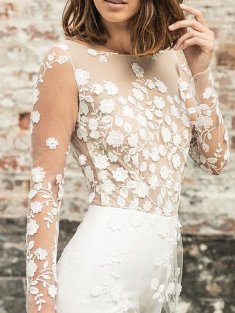 ホワイトのシンプルなウェディングジャンプスーツ ジュエルネック 長袖 レース Aライン ブライダルジャンプスーツ 無料カスタマイズ