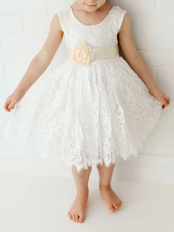White Flower Girl Dresses Jewel Neck Lace Sleeveless Tea Length A Line Lace Kids Social Party Dresses
