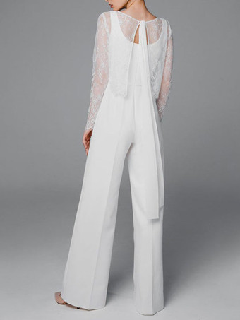 Mono de boda simple blanco A-Line Jewel Neck Mangas largas Stretch Crepe Monos de novia