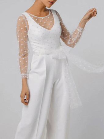 Mono de boda simple blanco Cuello en V Manga larga Arcos Monos de novia