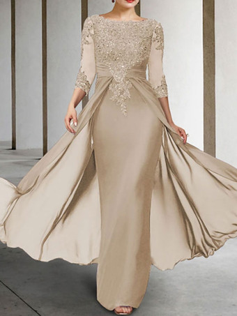 シャンパンマザードレスバトーネイビーネック3/4レングススリーブシースビーズフロアレングスゲストドレスウェディング用