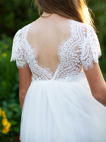 ホワイトフラワーガールドレスジュエルネックレース半袖Aラインレース足首丈キッズパーティードレス