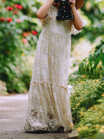 Robe de fille de fleur ivoire en dentelle col rond manche courte longueur au sol robe cortège enfant robe cérémonie fille