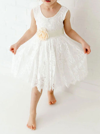 白いフラワーガールのドレスジュエルネックレースノースリーブティーの長さAラインレースキッズソーシャルパーティードレス