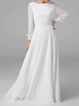 白のシンプルなウェディングドレスラインジュエルネック長袖レースロングブライダルドレス