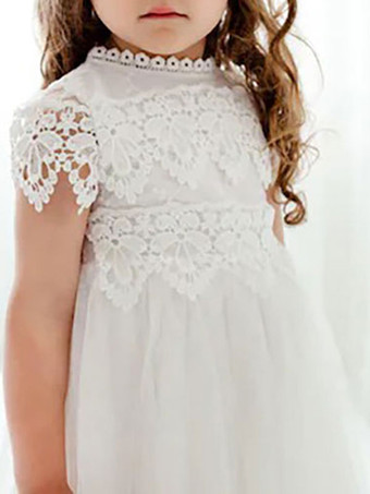 ホワイトフラワーガールドレスジュエルネック半袖足首丈Aラインレースキッズパーティードレス