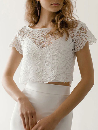 ホワイトシンプルなウェディングドレスAラインジュエルネック半袖レースロングブライダルドレス