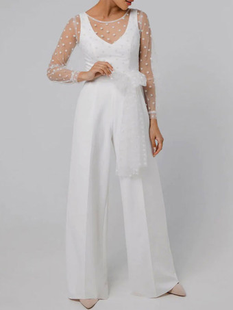 Mono de boda simple blanco Cuello en V Manga larga Arcos Monos de novia