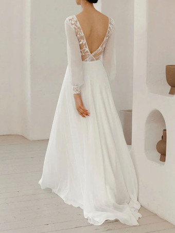 白のシンプルなウェディングドレスラインジュエルネック長袖レースロングブライダルドレス