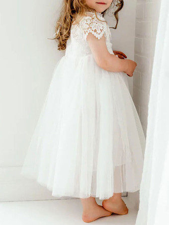 ホワイトフラワーガールドレスジュエルネック半袖足首丈Aラインレースキッズパーティードレス