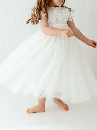ホワイトフラワーガールドレスジュエルネック半袖足首丈Aラインレースキッズパーティードレス