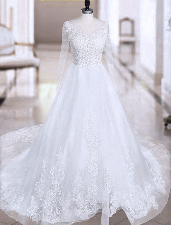 ホワイトウェディングドレス　2025　Aライン　vネック　長袖　レースアップリケ　チュール　ブライダルガウンチャペルトレーン付き