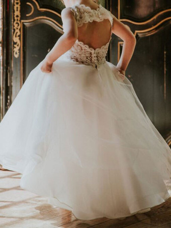 女性のための白いフラワーガールのドレスVネックノースリーブチュールレースキッズパーティードレス