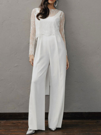 Marfil   Mono de boda simple blanco A-Line Jewel Neck Mangas largas Stretch Crepe Monos de novia