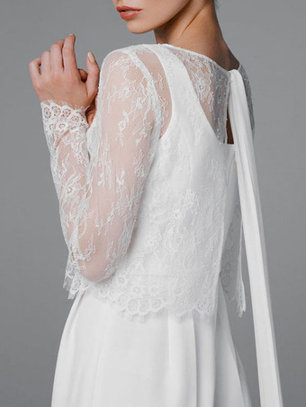 Mono de boda simple blanco A-Line Jewel Neck Mangas largas Stretch Crepe Monos de novia