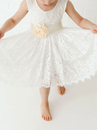 白いフラワーガールのドレスジュエルネックレースノースリーブティーの長さAラインレースキッズソーシャルパーティードレス