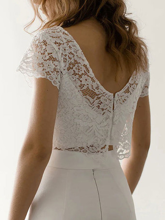 ホワイトシンプルなウェディングドレスAラインジュエルネック半袖レースロングブライダルドレス