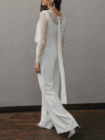 Mono de boda simple blanco A-Line Jewel Neck Mangas largas Stretch Crepe Monos de novia