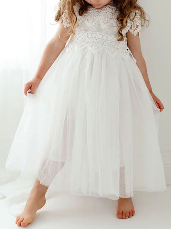ホワイトフラワーガールドレスジュエルネック半袖足首丈Aラインレースキッズパーティードレス