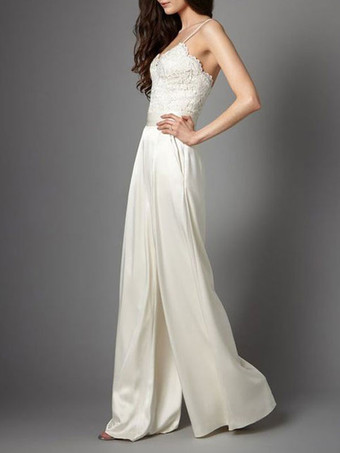 アイボリーシンプルなウェディングドレスサテン生地レースVネックノースリーブロングブライダルドレス