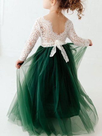 白いフラワーガールのドレスジュエルネック長袖床の長さラインレースキッズパーティードレス