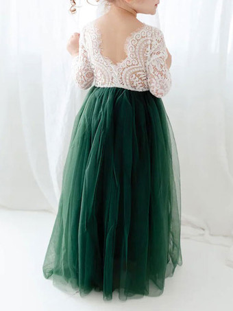 白いフラワーガールのドレスジュエルネック長袖床の長さラインレースキッズパーティードレス