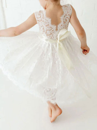 白いフラワーガールのドレスジュエルネックレースノースリーブティーの長さAラインレースキッズソーシャルパーティードレス