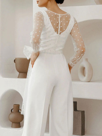 Mono de boda simple blanco Cuello en V Manga larga Arcos Monos de novia